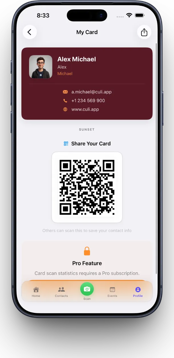MeetStack digital business card with QR code and theme options