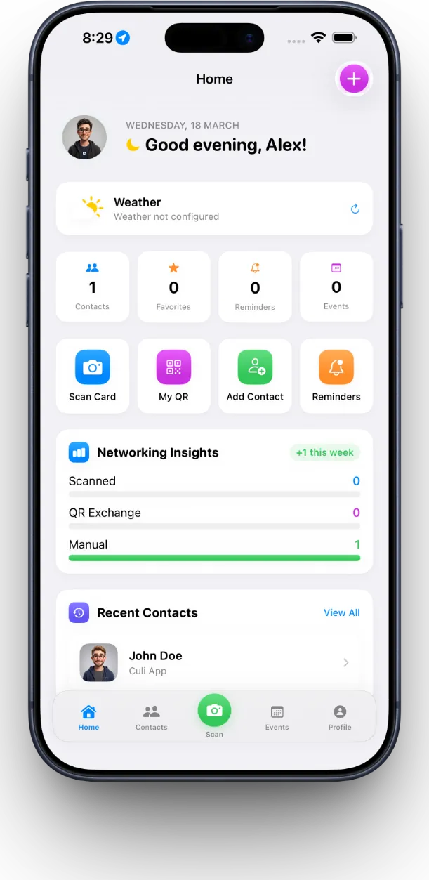 MeetStack dashboard showing contact count, upcoming reminders, and quick scan button