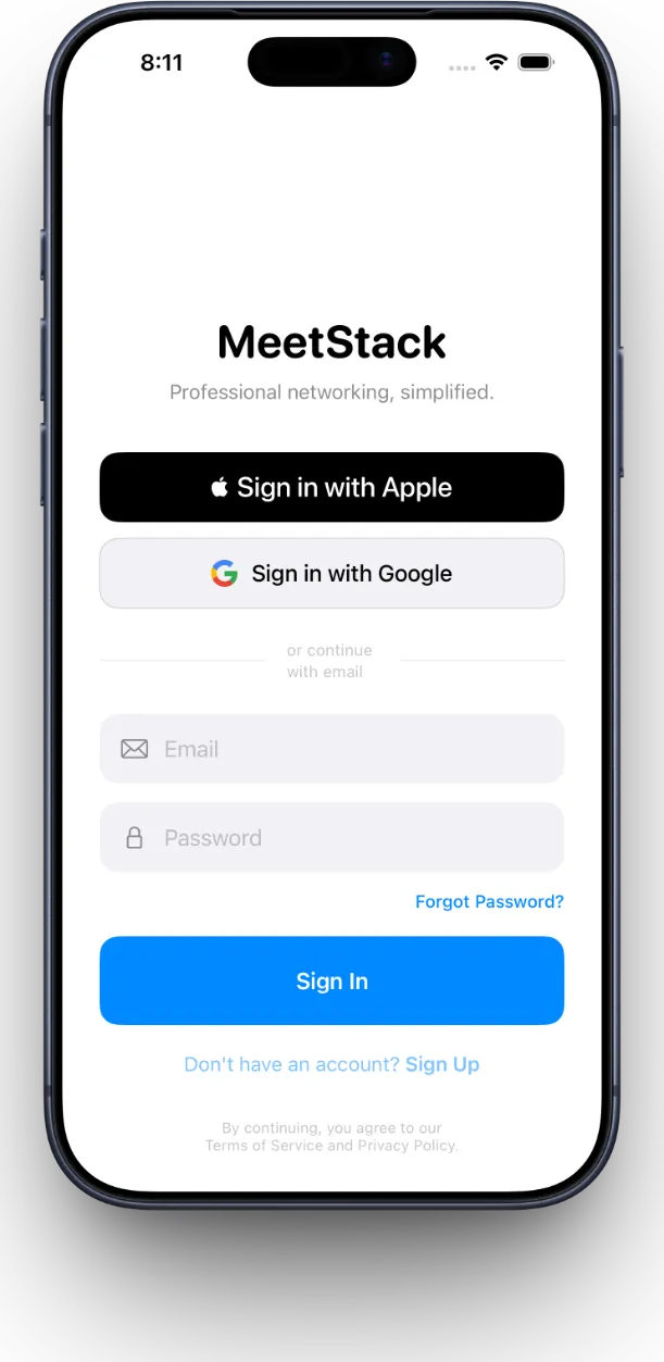 MeetStack login screen with Apple and Google sign-in options